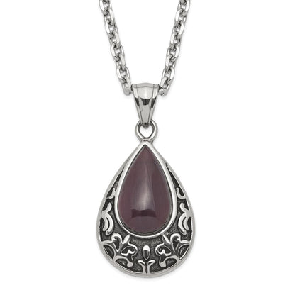 Stainless Steel Polished & Antiqued Purple Cat'S Eye Teardrop Necklace
