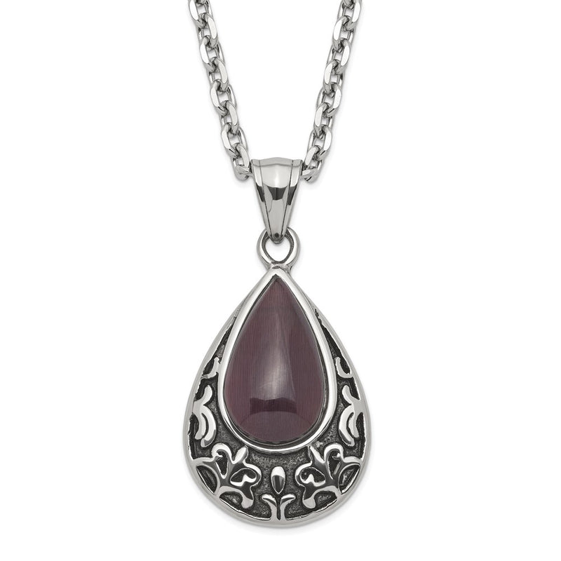 Stainless Steel Polished & Antiqued Purple Cat'S Eye Teardrop Necklace
