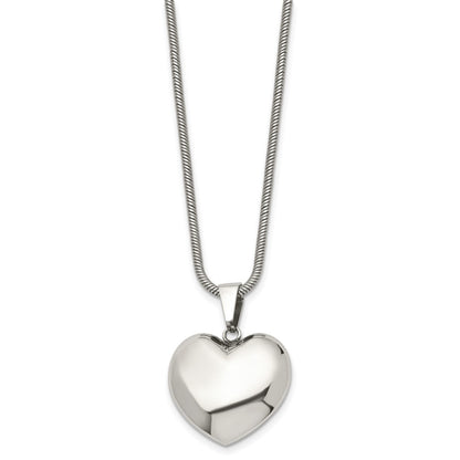 Stainless Steel Polished Hollow Puffed Heart 20In Necklace