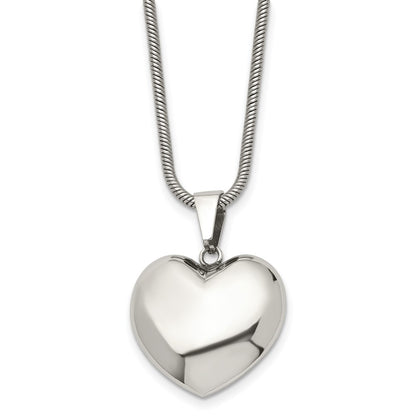 Stainless Steel Polished Hollow Puffed Heart 20In Necklace