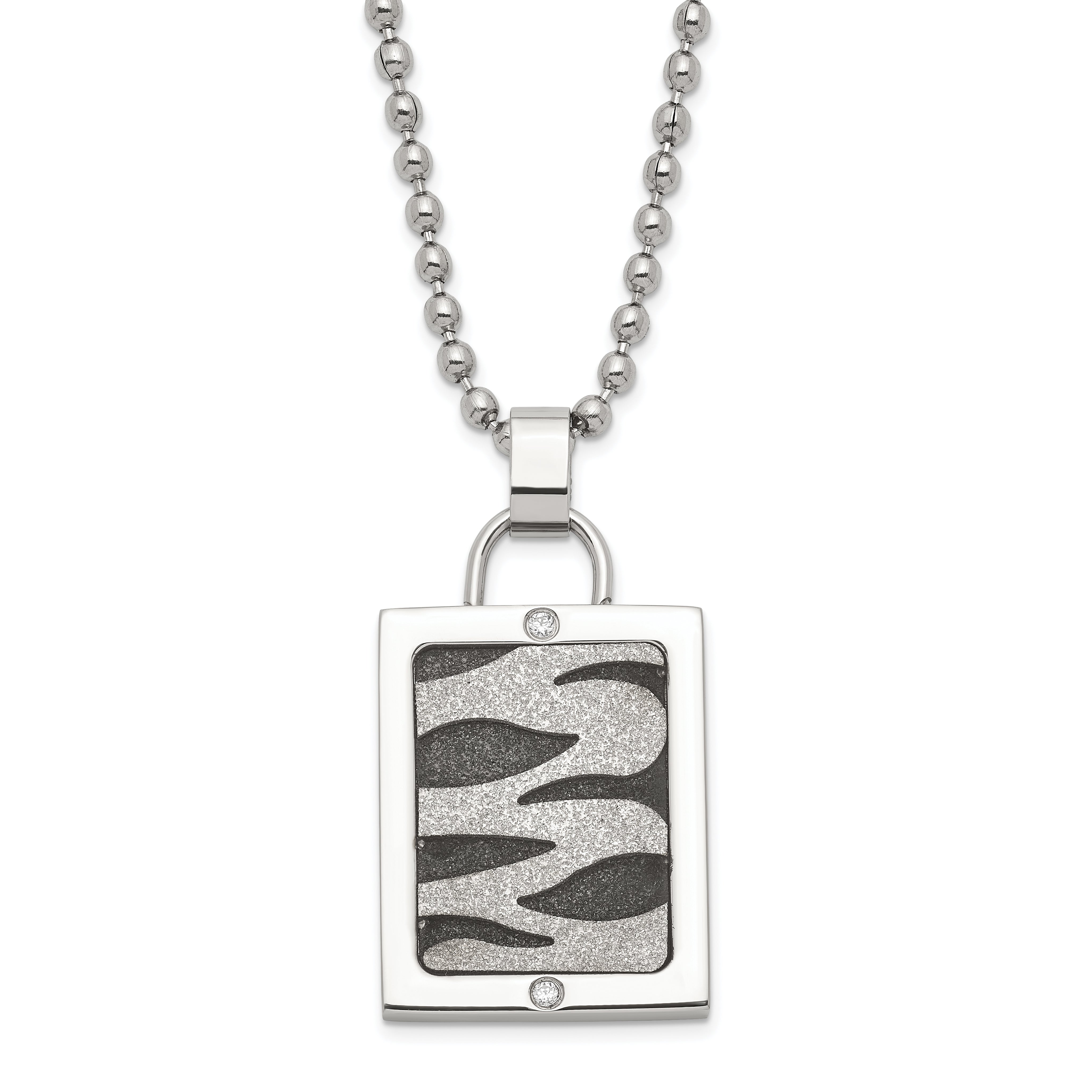 Stainless Steel Laser Cut & Black Ip-Plated Cz Dog Tag Necklace