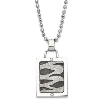 Stainless Steel Laser Cut & Black Ip-Plated Cz Dog Tag Necklace