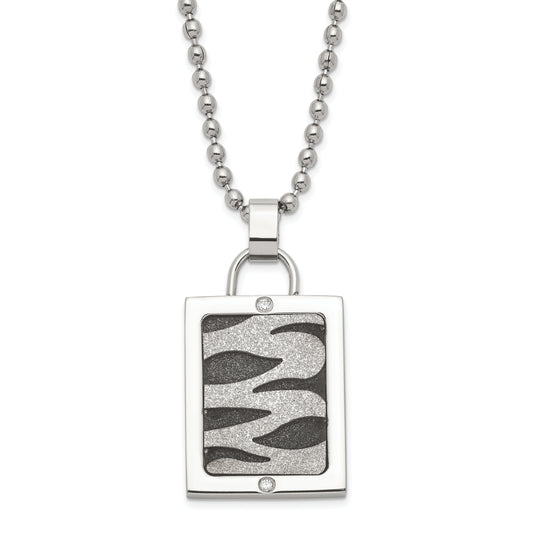 Stainless Steel Laser Cut & Black Ip-Plated Cz Dog Tag Necklace