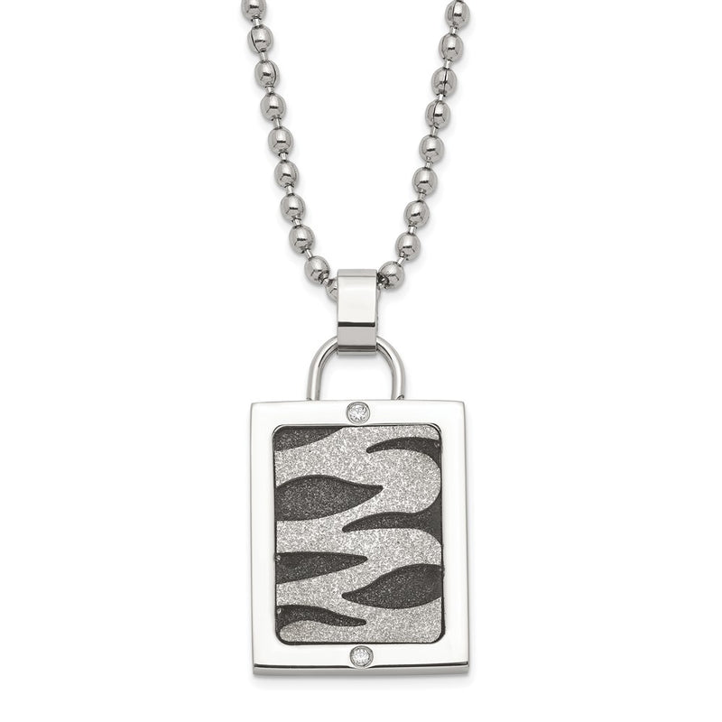 Stainless Steel Laser Cut & Black Ip-Plated Cz Dog Tag Necklace