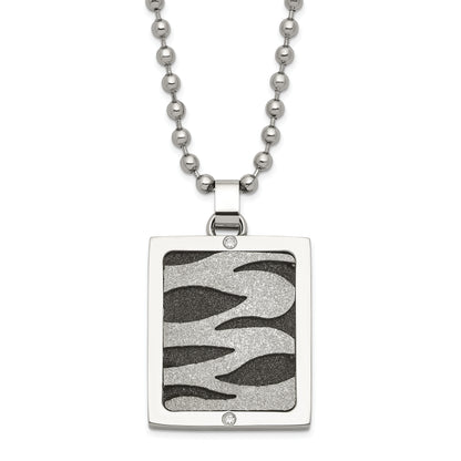 Stainless Steel & Black Ip-Plated Lasercut Cz Dog Tag Necklace