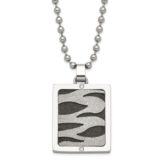 Stainless Steel & Black Ip-Plated Lasercut Cz Dog Tag Necklace