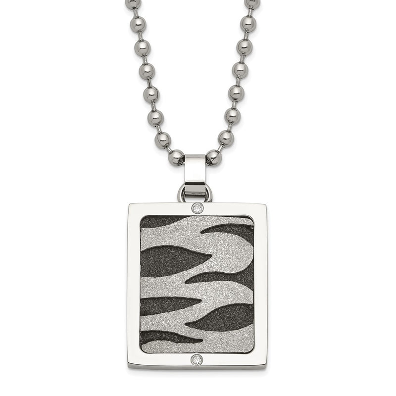 Stainless Steel & Black Ip-Plated Lasercut Cz Dog Tag Necklace