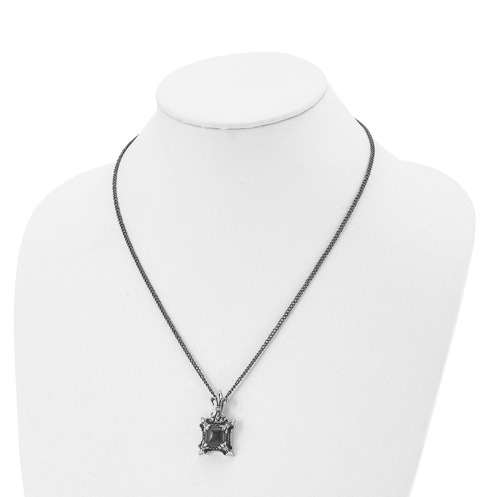 Stainless Steel Antiqued & Polished W/Black Agate Fleur De Lis Necklace