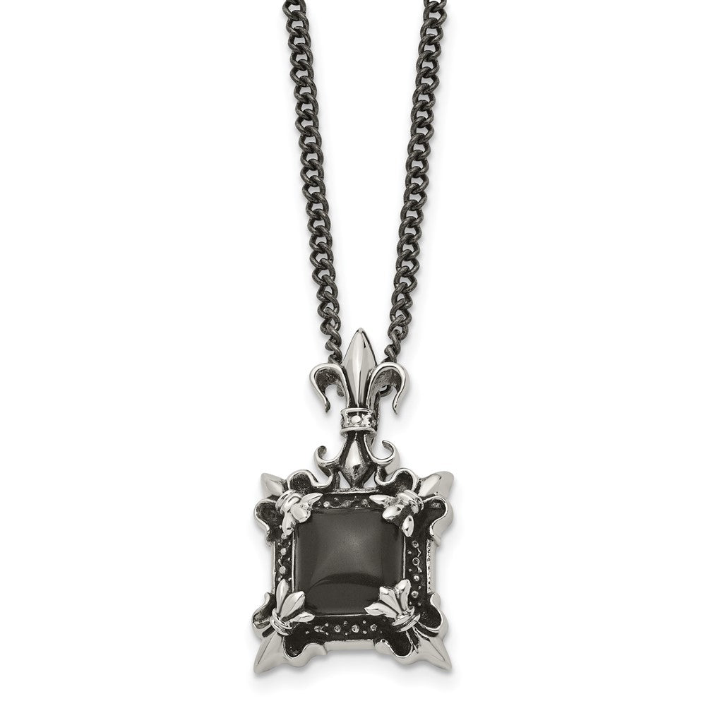 Stainless Steel Antiqued & Polished W/Black Agate Fleur De Lis Necklace