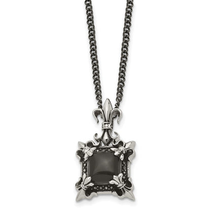 Stainless Steel Antiqued & Polished W/Black Agate Fleur De Lis Necklace