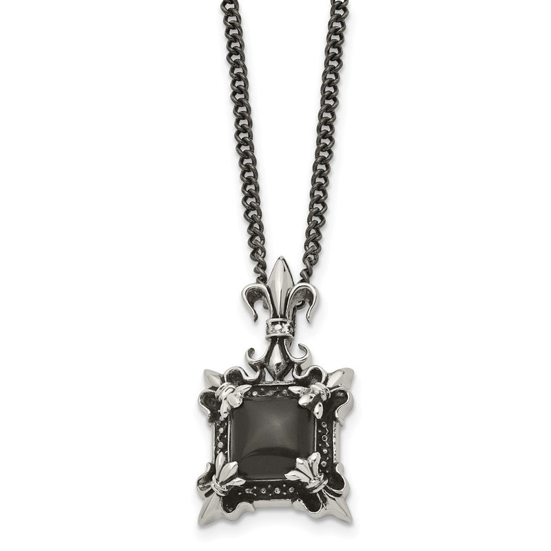 Stainless Steel Antiqued & Polished W/Black Agate Fleur De Lis Necklace