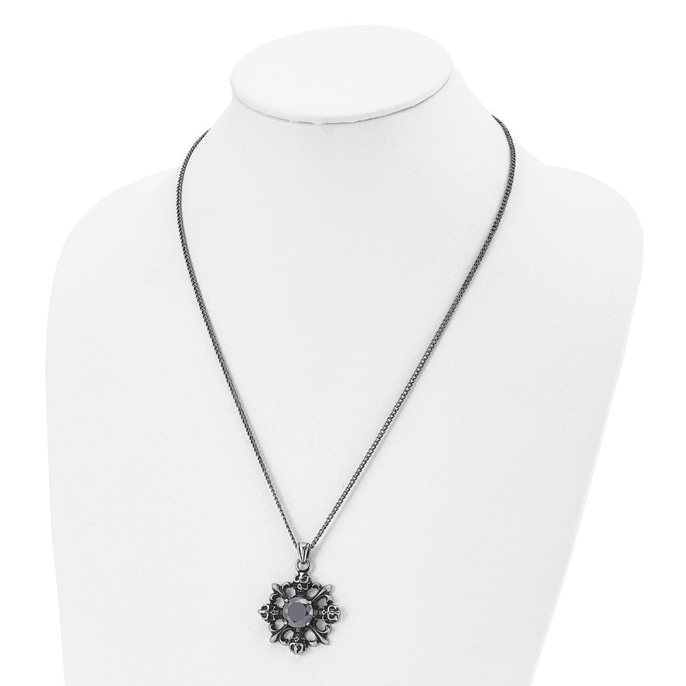 Stainless Steel Antiqued & Polished W/Black Cz Skulls Fleur De Lis Neckla