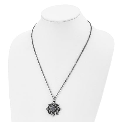 Stainless Steel Antiqued & Polished W/Black Cz Skulls Fleur De Lis Neckla