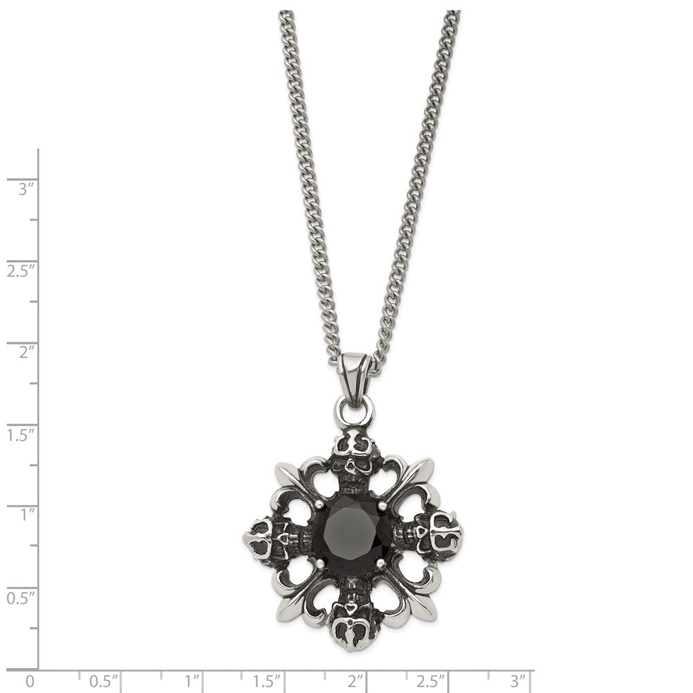 Stainless Steel Antiqued & Polished W/Black Cz Skulls Fleur De Lis Neckla
