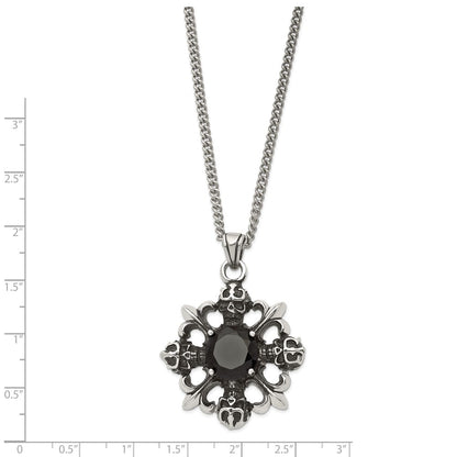 Stainless Steel Antiqued & Polished W/Black Cz Skulls Fleur De Lis Neckla
