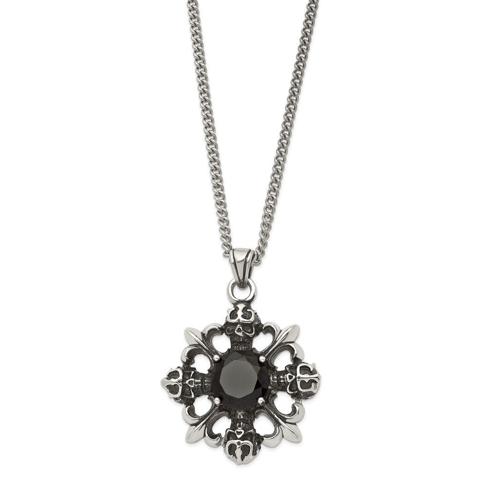 Stainless Steel Antiqued & Polished W/Black Cz Skulls Fleur De Lis Neckla