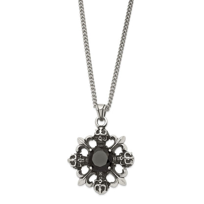 Stainless Steel Antiqued & Polished W/Black Cz Skulls Fleur De Lis Neckla