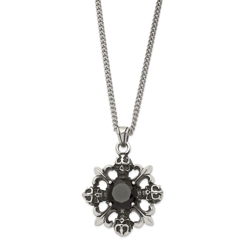 Stainless Steel Antiqued & Polished W/Black Cz Skulls Fleur De Lis Neckla