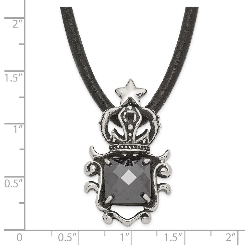 Stainless Steel Antiqued Star Crown With Black Glass Necklace
