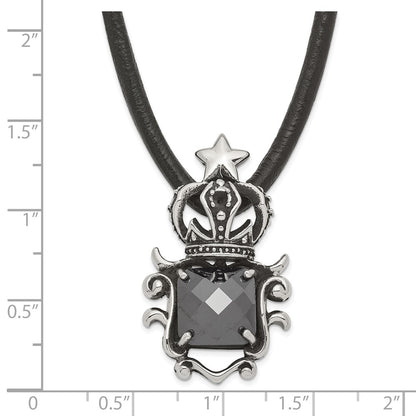Stainless Steel Antiqued Star Crown With Black Glass Necklace
