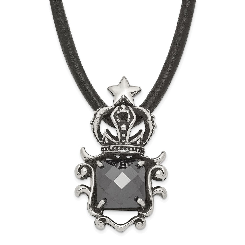 Stainless Steel Antiqued Star Crown With Black Glass Necklace