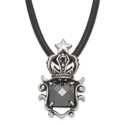 Stainless Steel Antiqued Star Crown With Black Glass Necklace