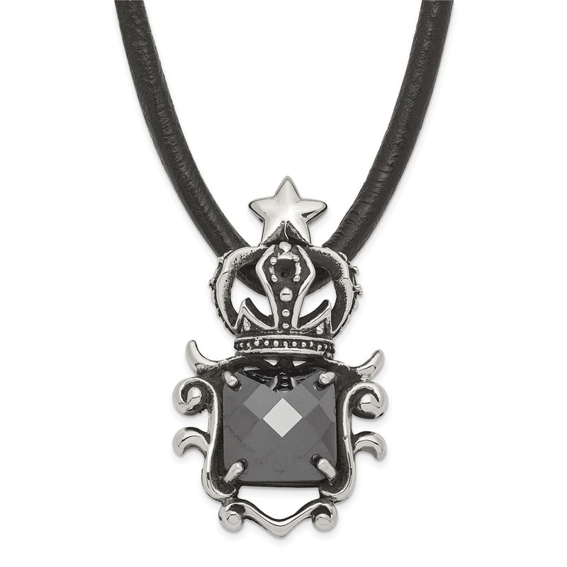 Stainless Steel Antiqued Star Crown With Black Glass Necklace