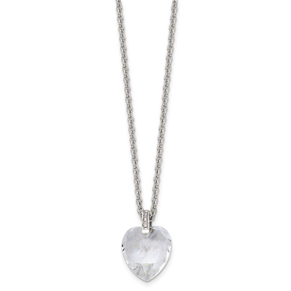 Stainless Steel Polished Crystal Heart W/Cz 18In Necklace