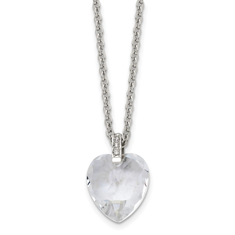 Stainless Steel Polished Crystal Heart W/Cz 18In Necklace