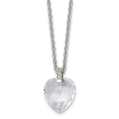 Stainless Steel Polished Crystal Heart W/Cz 18In Necklace