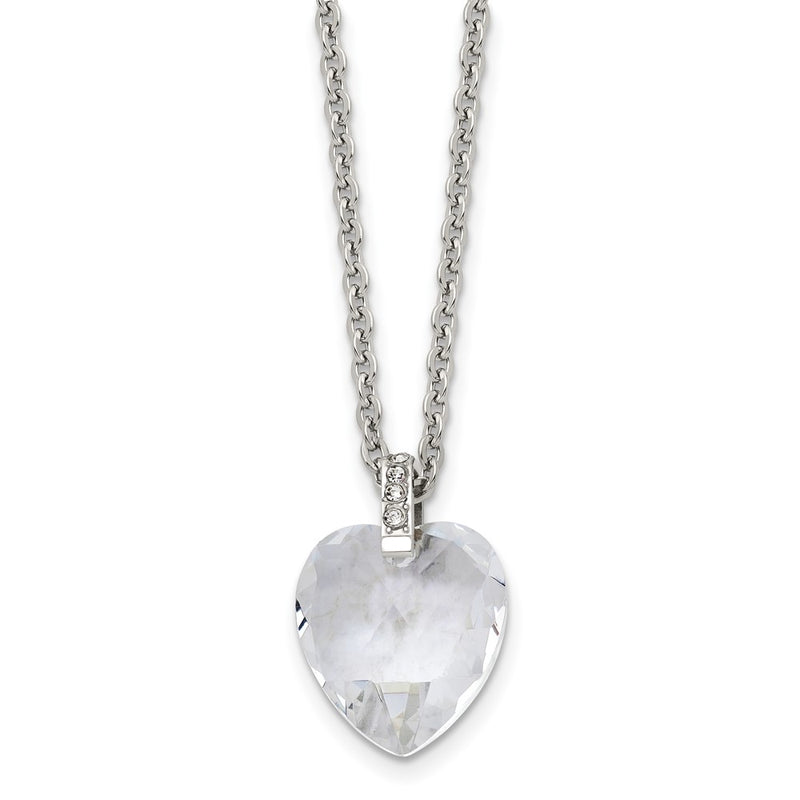 Stainless Steel Polished Crystal Heart W/Cz 18In Necklace