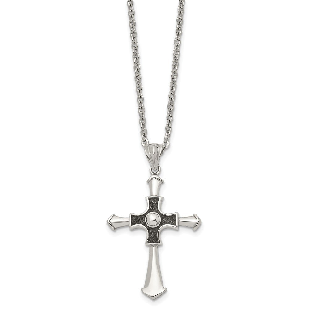 Stainless Steel Antiqued And Polished Cross 22In Necklace