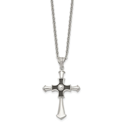 Stainless Steel Antiqued And Polished Cross 22In Necklace