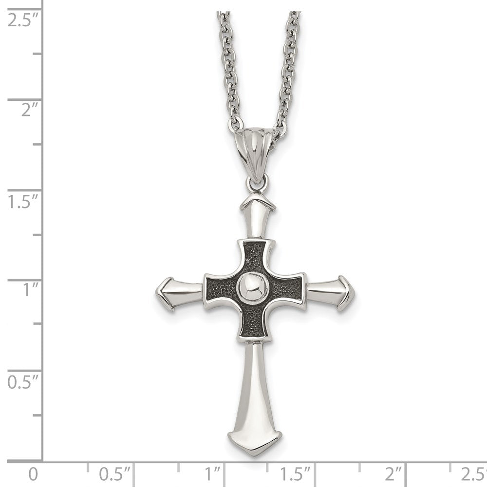 Stainless Steel Antiqued And Polished Cross 22In Necklace