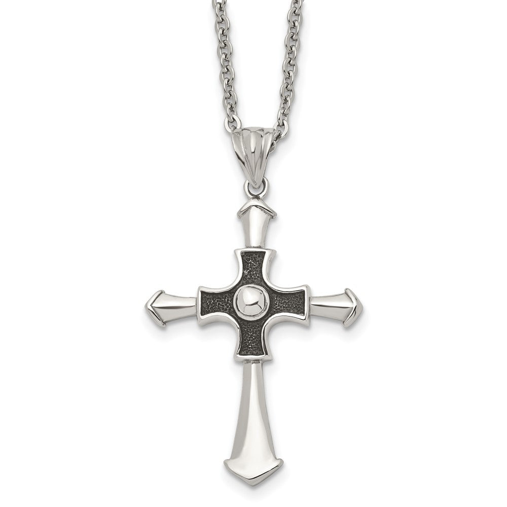 Stainless Steel Antiqued And Polished Cross 22In Necklace