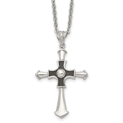 Stainless Steel Antiqued And Polished Cross 22In Necklace