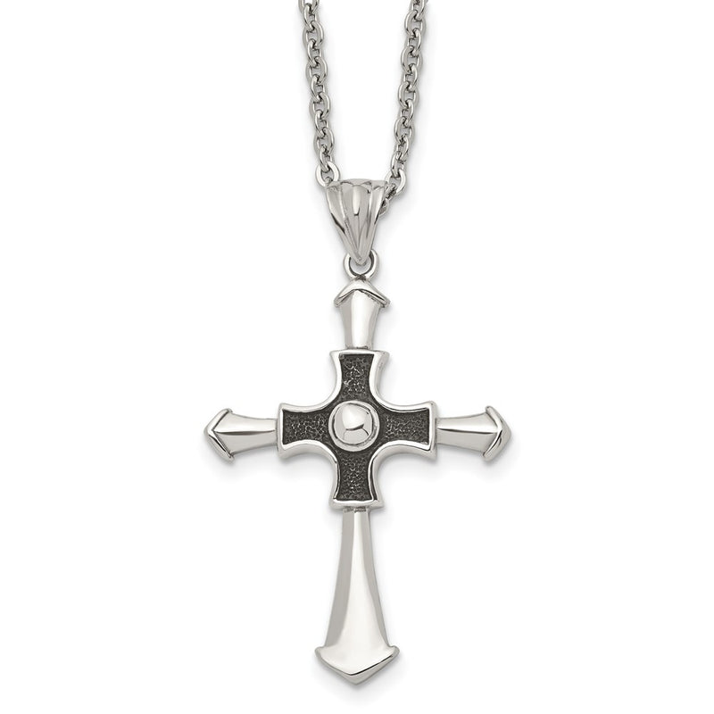 Stainless Steel Antiqued And Polished Cross 22In Necklace