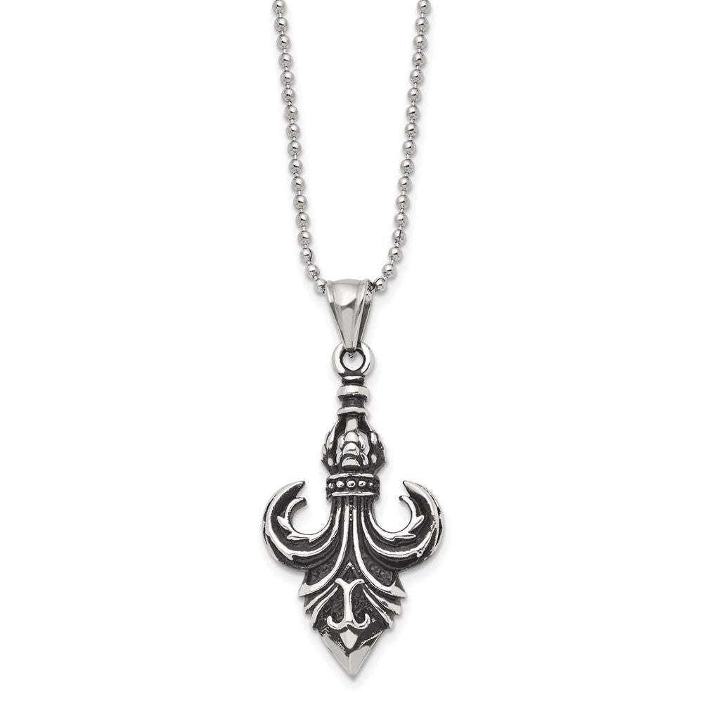 Stainless Steel Antiqued And Polished Fleur De Lis 24In Necklace