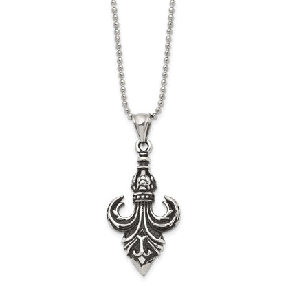 Stainless Steel Antiqued And Polished Fleur De Lis 24In Necklace