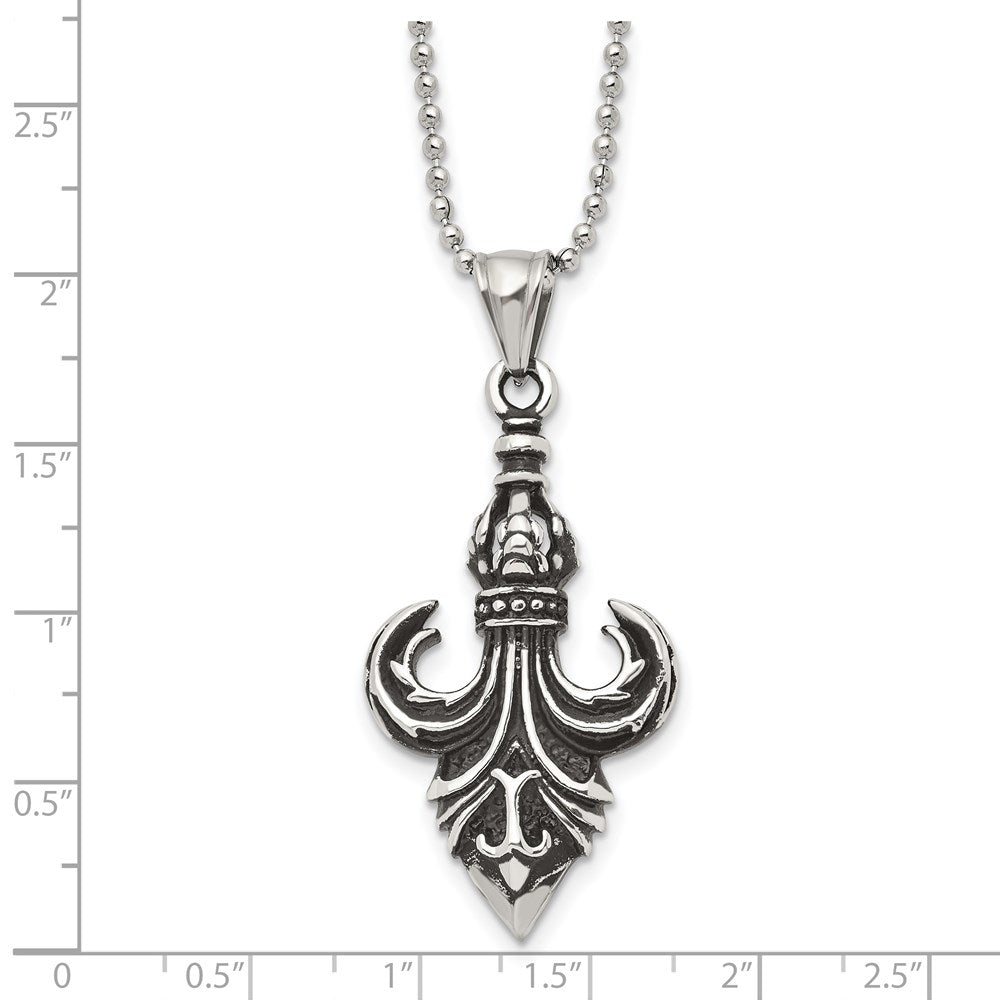 Stainless Steel Antiqued And Polished Fleur De Lis 24In Necklace