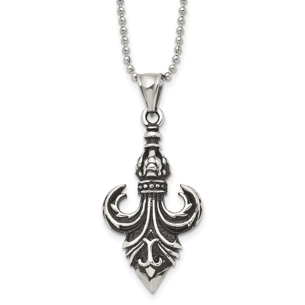 Stainless Steel Antiqued And Polished Fleur De Lis 24In Necklace