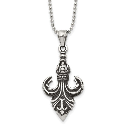 Stainless Steel Antiqued And Polished Fleur De Lis 24In Necklace