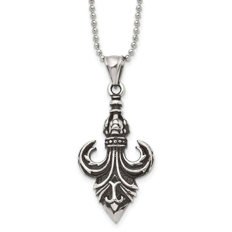 Stainless Steel Antiqued And Polished Fleur De Lis 24In Necklace