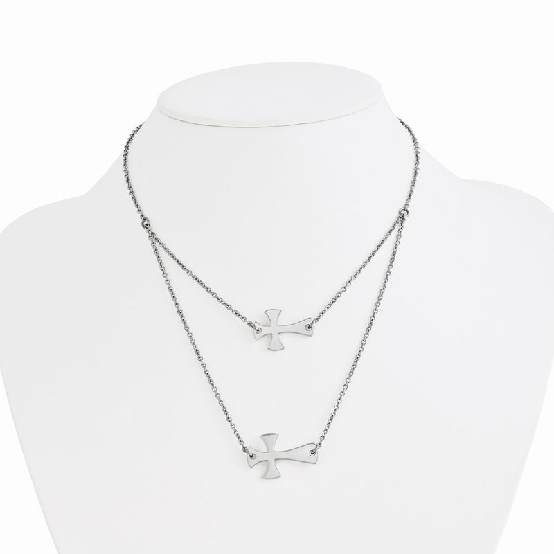 Stainless Steel Double Sideways Cross Layered Necklace