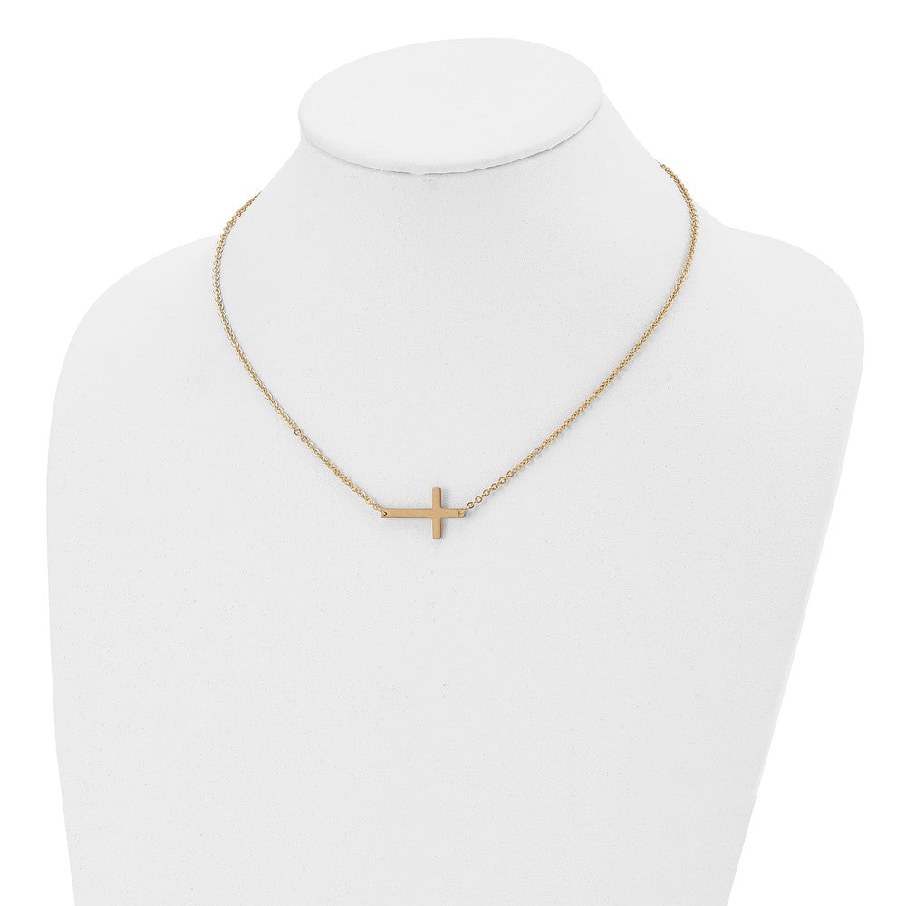 Stainless Steel Chisel Polished Yellow Ip-Plated Sideways Cross On An 18 Inch Cable Chain Necklace
