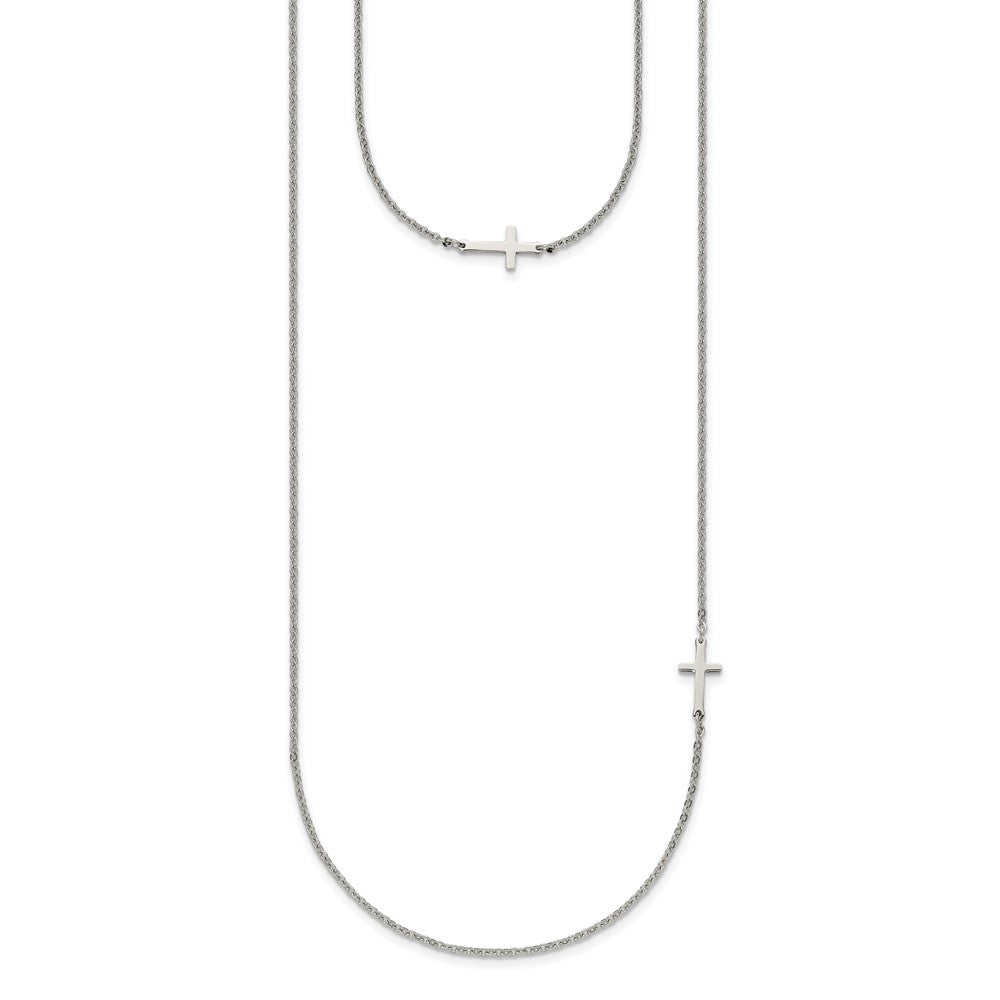 Stainless Steel Chisel Polished Layered Sideways Cross On An 18 Inch Cable Chain Necklace