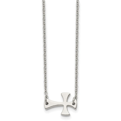 Stainless Steel Polished Sideways Cross 16In Necklace