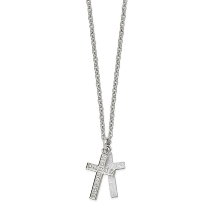 Stainless Steel Polished Laser Cut Cz 2 Piece Cross 20In Necklace