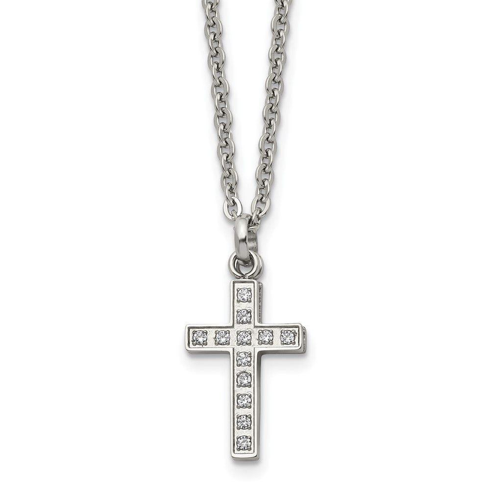 Stainless Steel Polished Laser Cut Cz 2 Piece Cross 20In Necklace
