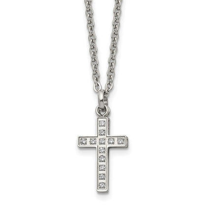 Stainless Steel Polished Laser Cut Cz 2 Piece Cross 20In Necklace